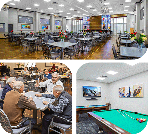 Combined shots of Fairview ADC socialization room, therapy room and pool room.