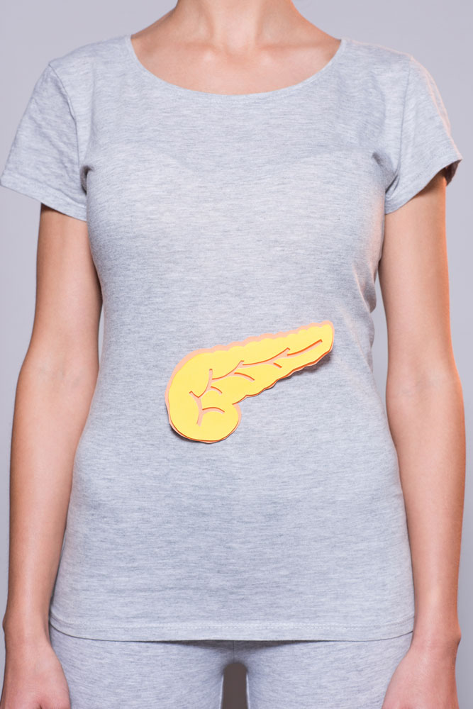 Partial view of woman with paper made food irritated pancreas on tshirt on grey backdrop