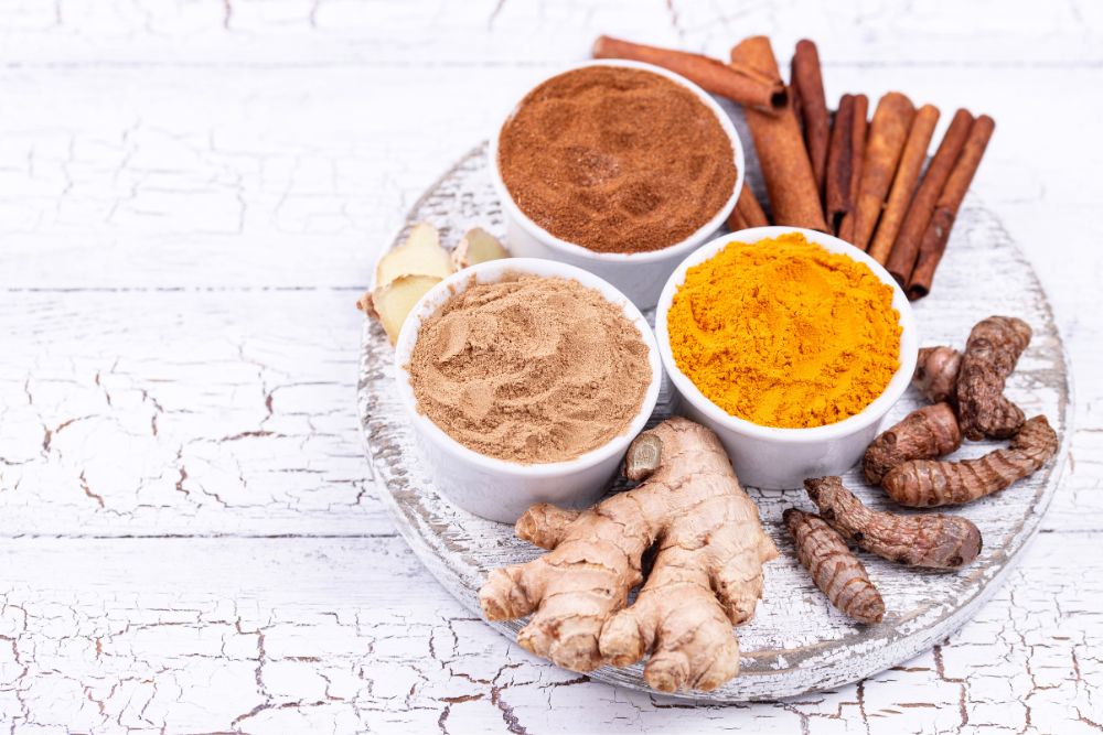 Powder of turmeric, cinnamon and ginger. Best anti-inflammatory spices.