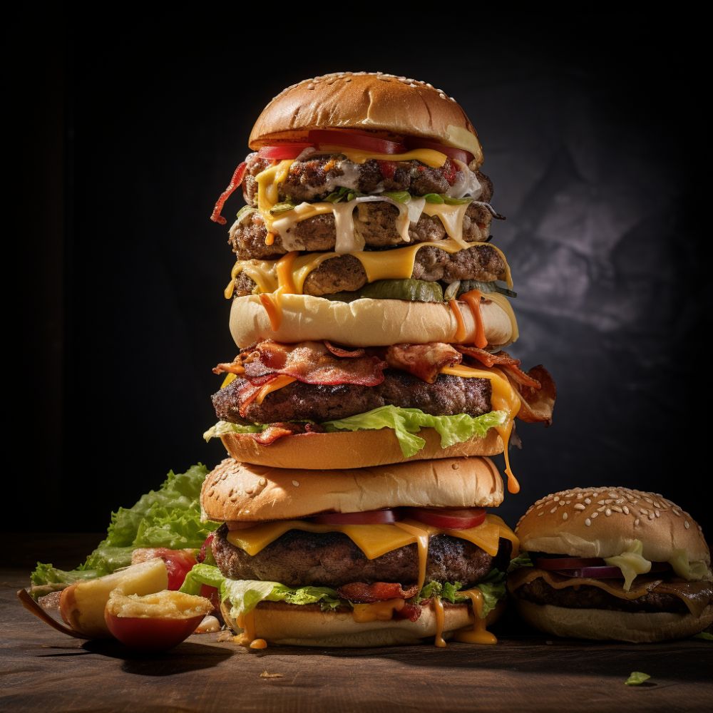 Stack of burgers which cause issues to pancreas and liver due to overeating.